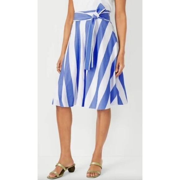 NEW Ann Taylor 12 Petite Awning Striped Tie Waist Circle Skirt Blue and White - Picture 3 of 13